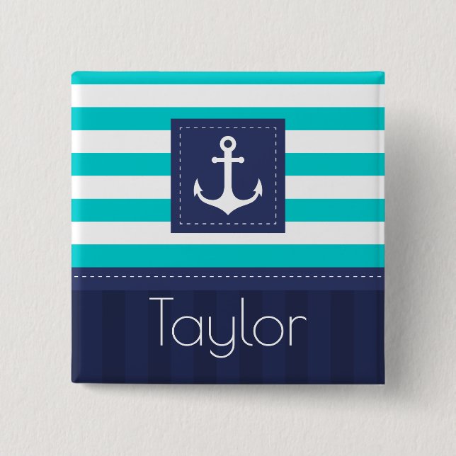 Macaron Carré 5 Cm Nautical Aqua Navy Stripes Nom personnalisé (Devant)