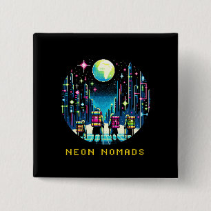 Macaron Carré 5 Cm Neon Nomads - Cyberpunk Pixel Art Travel Design