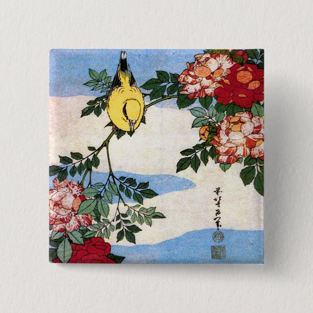 Macaron Carré 5 Cm Nightingale & Rose Hokusai Art japonais (Devant)
