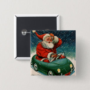 Macaron Carré 5 Cm Noël vintage, Père Noël dans une voiture mignonne