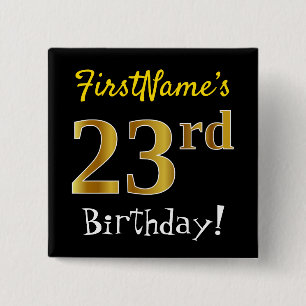 Macaron Carré 5 Cm Noir, Faux Gold 23e anniversaire, avec nom personn
