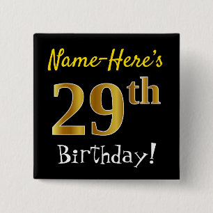 Macaron Carré 5 Cm Noir, Faux Gold 29e anniversaire, avec nom personn