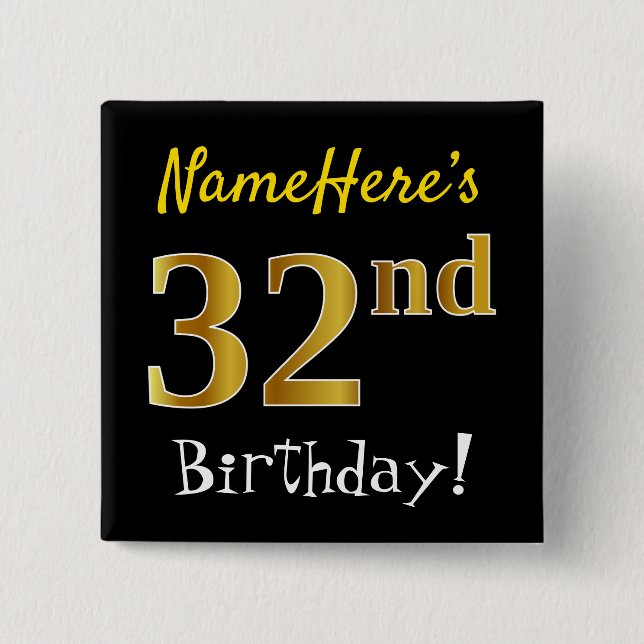 Macaron Carré 5 Cm Noir, Faux Gold 32e Anniversaire, Avec Nom Personn (Devant)