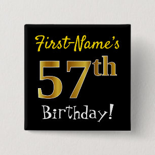 Macaron Carré 5 Cm Noir, Faux Gold 57ème Anniversaire, Avec Nom Perso