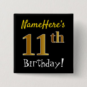 Macaron Carré 5 Cm Noir, Faux Or 11ème Anniversaire, Avec Nom Personn