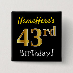 Macaron Carré 5 Cm Noir, Faux Or 43ème Anniversaire, Avec Nom Personn