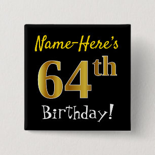 Macaron Carré 5 Cm Noir, Faux Or 64ème Anniversaire, Avec Nom Personn