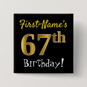 Macaron Carré 5 Cm Noir, Faux Or 67ème Anniversaire, Avec Nom Personn