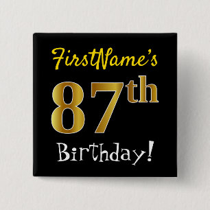 Macaron Carré 5 Cm Noir, Faux Or 87ème Anniversaire, Avec Nom Personn