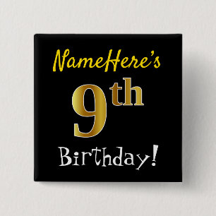 Macaron Carré 5 Cm Noir, Faux Or 9ème Anniversaire, Avec Nom Personna