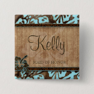 Macaron Carré 5 Cm Nom de mariage plage Balise Bouton Luau Bleu Brown