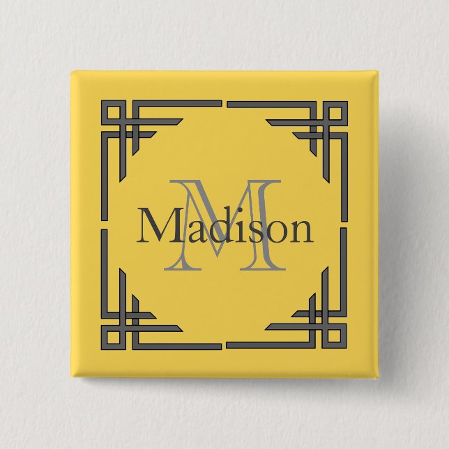 Macaron Carré 5 Cm Nom géométrique gris jaune de monogramme de (Devant)