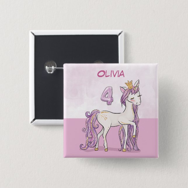 Macaron Carré 5 Cm Nom personnalisé 4e anniversaire Cheval rose avec  (Devant & derrière)