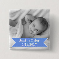 Nouveau bébé photo et nom Bouton Garçon bleu
