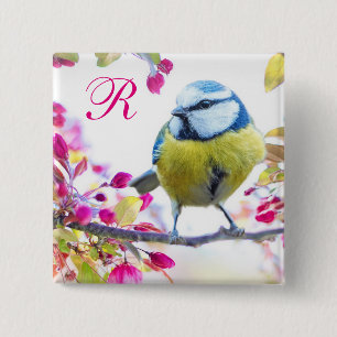 Macaron Carré 5 Cm Oiseau et fleurs roses Monogramme