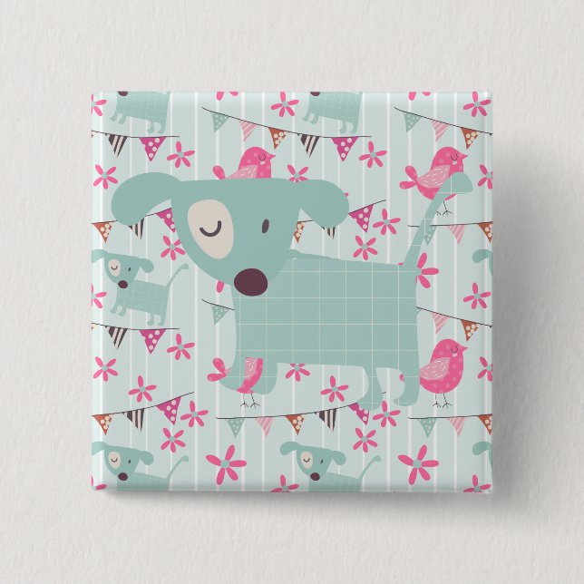 Macaron Carré 5 Cm Oiseaux, Chiens, Bannières, Fleurs (Devant)