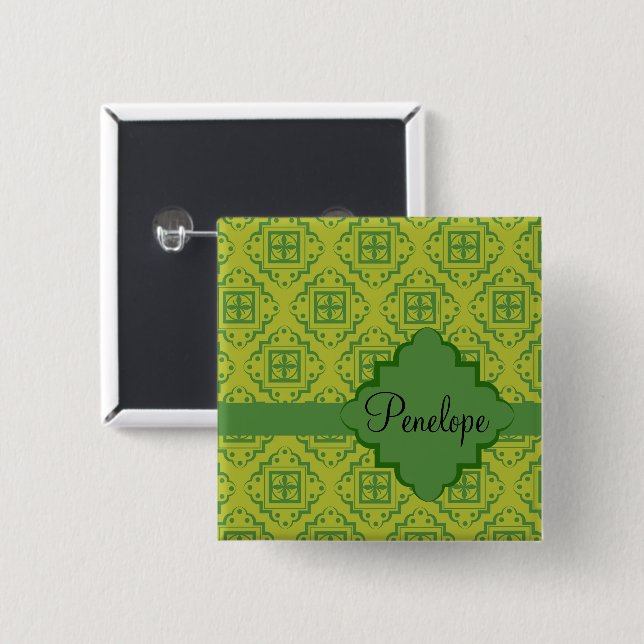 Macaron Carré 5 Cm Olive Green Arabesque Marocain Motif graphique (Devant & derrière)