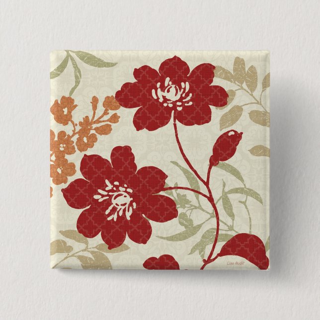 Macaron Carré 5 Cm Ombres florales en rouge et orange (Devant)