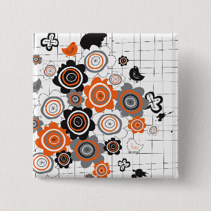 Macaron Carré 5 Cm Orange Fleurs Époux Encre Bouts Doodles Bouton
