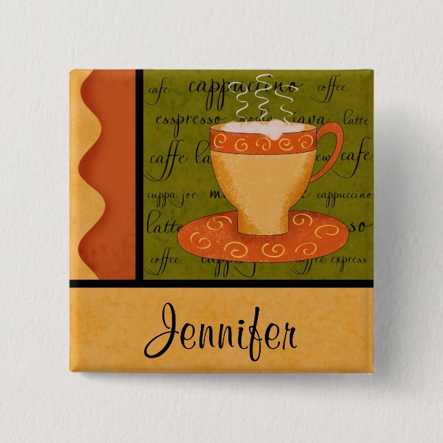 Macaron Carré 5 Cm Orange Gold Green Coffee Cup Art Nom personnalisé (Devant)