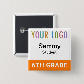 Macaron Carré 5 Cm Orange Student Name Tag Button with School Logo