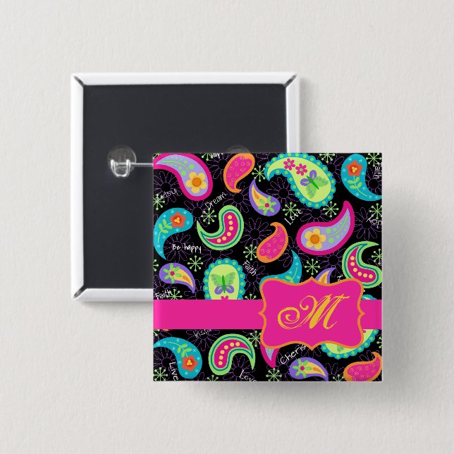 Macaron Carré 5 Cm Paisley Monogramme noir Fuchsia rose moderne (Devant & derrière)