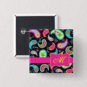 Macaron Carré 5 Cm Paisley Monogramme noir Fuchsia rose moderne