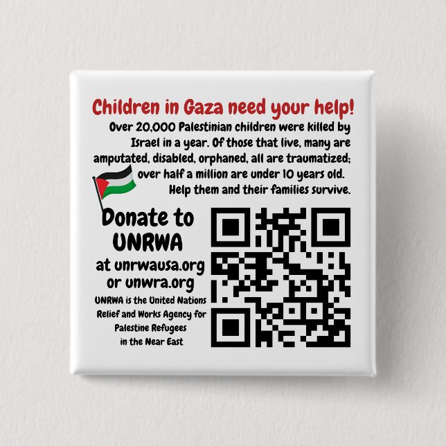 Macaron Carré 5 Cm PALESTINE LIBRE - Aidez Gaza Children UNRWA QR Cod (Devant)