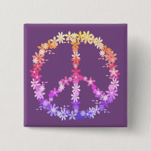 Macaron Carré 5 Cm Panneau de paix avec fleurs colorées