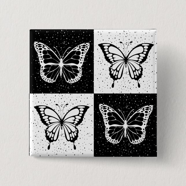 Macaron Carré 5 Cm Papillon blanc noir À damiers bloc (Devant)