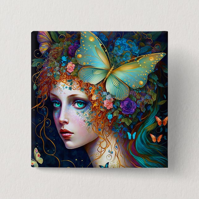 Macaron Carré 5 Cm Papillon Fairy Elf Lady Imaginaire Art (Devant)