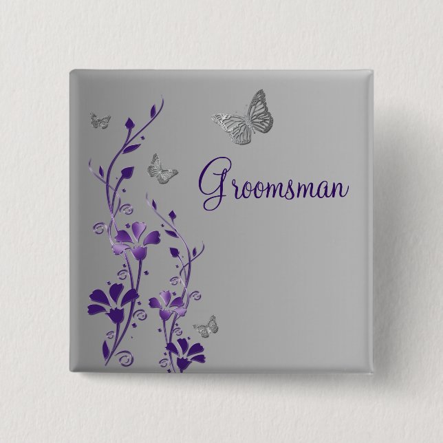 Macaron Carré 5 Cm Papillon mauve et argenté Pinceau de Groomsman (Devant)