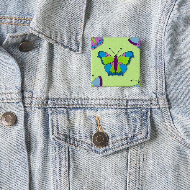 Macaron Carré 5 Cm Papillon patchwork sur fond vert (Créateur téléchargé)
