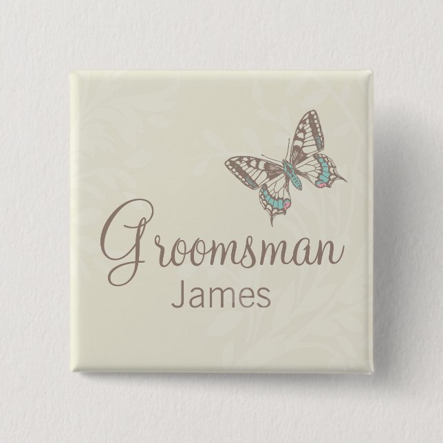 Macaron Carré 5 Cm Papillons Groomsman crème mariage pin / bouton (Devant)
