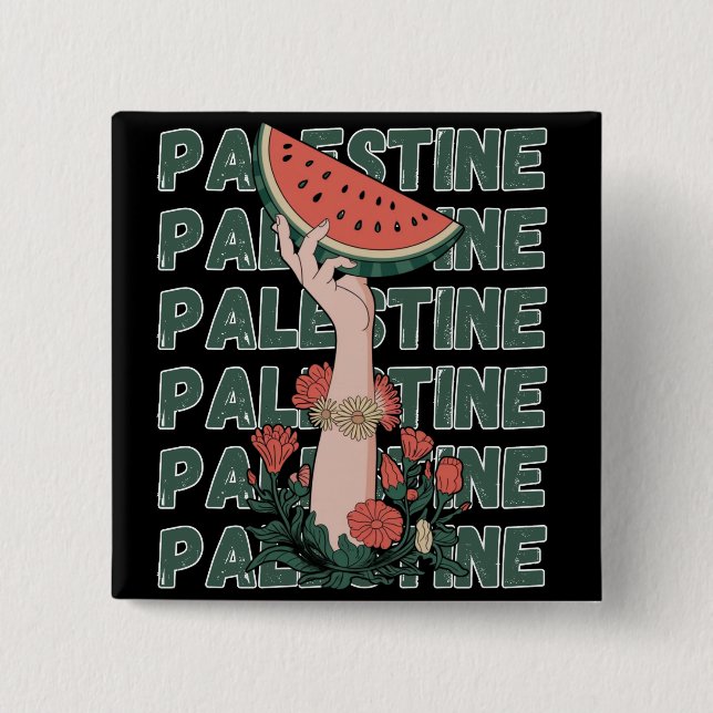 Macaron Carré 5 Cm pastèque, fleurs et palestine Texte Répéter (Devant)
