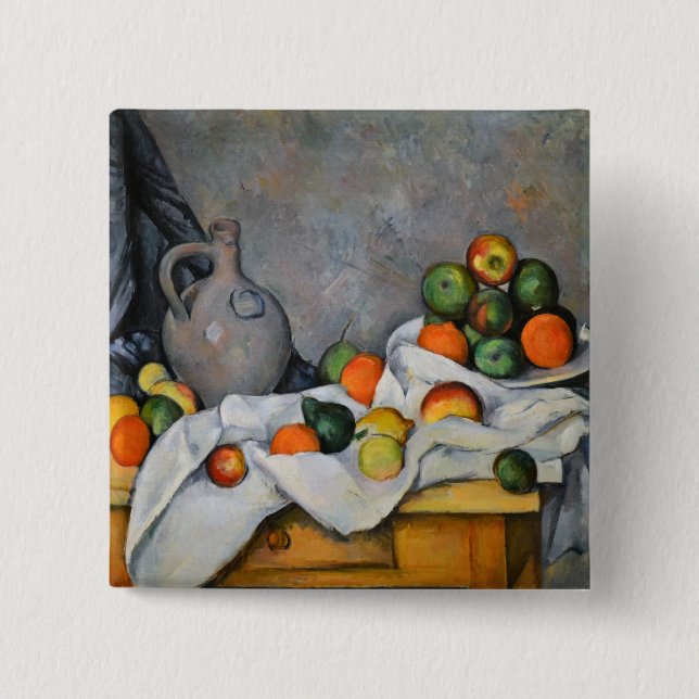 Macaron Carré 5 Cm Paul Cezanne - Rideau, bol de jug et de fruits (Devant)