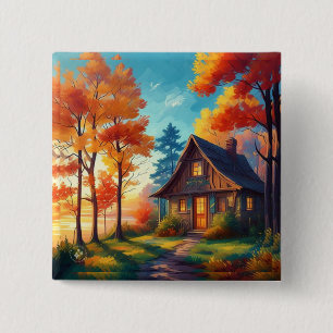 Macaron Carré 5 Cm Paysage naturel avec une maisonnette dans la forêt