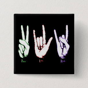 Macaron Carré 5 Cm Peace Love Rock Langue des signes Bouton noir
