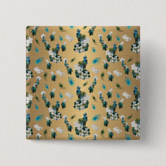 Macaron Carré 5 Cm Peacocks on Gold Metallic Silk (Devant)