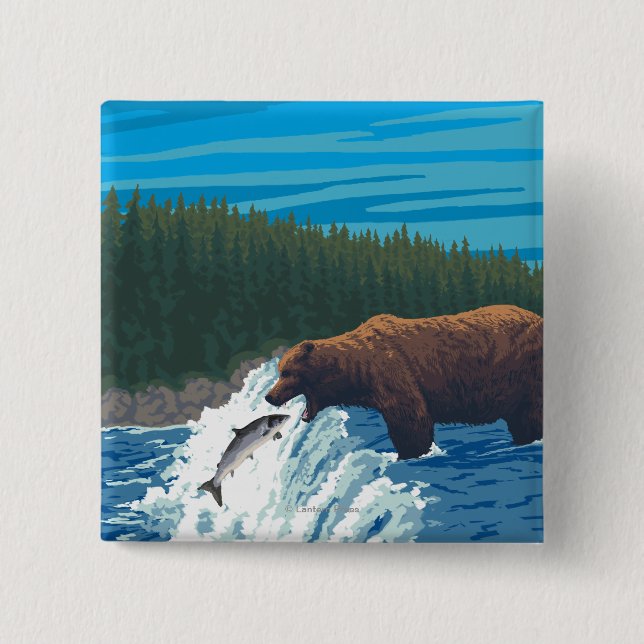 Macaron Carré 5 Cm Pêche à l'ours dans la rivière - Wyoming (Devant)