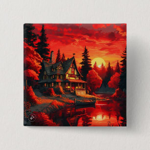 Macaron Carré 5 Cm Peinture coucher de soleil avec chalet et lac