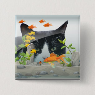 Macaron Carré 5 Cm Peinture de chats dans un réservoir de poisson