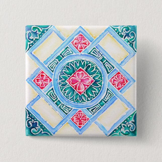Macaron Carré 5 Cm Peranakan Carreaux géométriques Carré Turquoise (Devant)