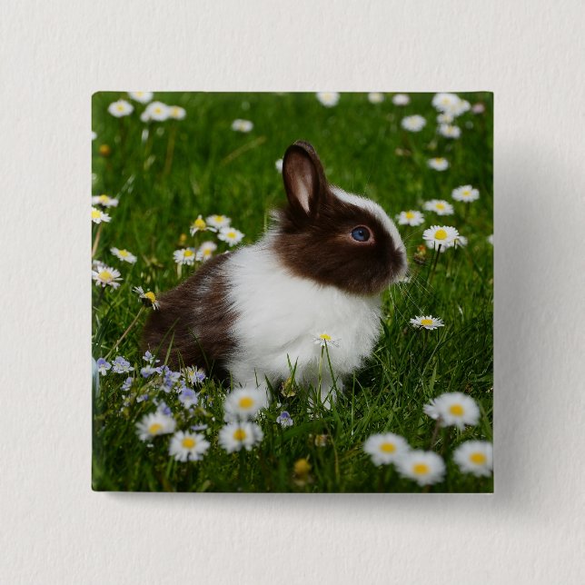 Macaron Carré 5 Cm Petit lapin Brown et blanc en fleurs (Devant)