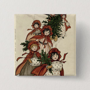 Macaron Carré 5 Cm Petites filles avec le houx et l'arbre de Noël