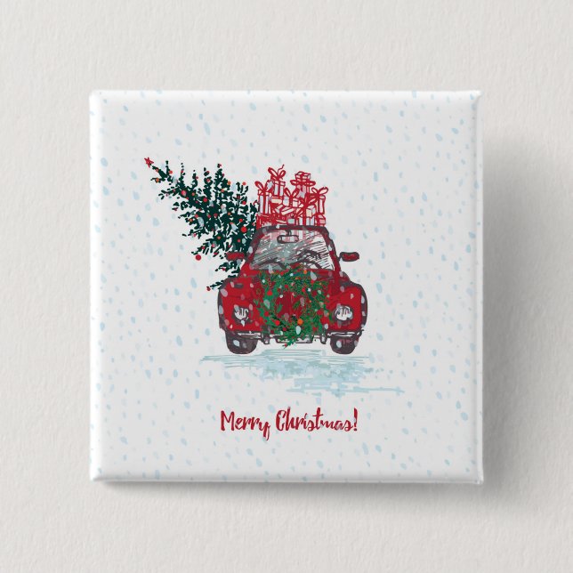 Macaron Carré 5 Cm Peu de voiture rouge de Noël (Devant)
