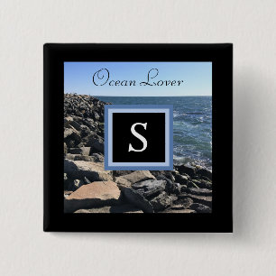 Macaron Carré 5 Cm Photo de Sea Waves et Rocks Cadre initial Noir