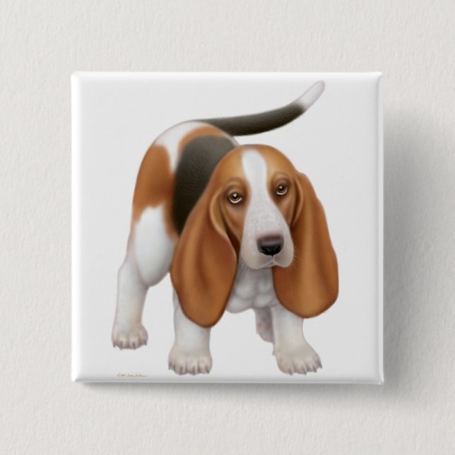 Macaron Carré 5 Cm Pin de Basset Hound (Devant)