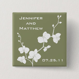 Macaron Carré 5 Cm Pin Mariage d'orchidées - Olive Vintage et blanc