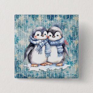 Macaron Carré 5 Cm Pingouins D'Aquarelle Bleu D'Hiver Avec Écharpes